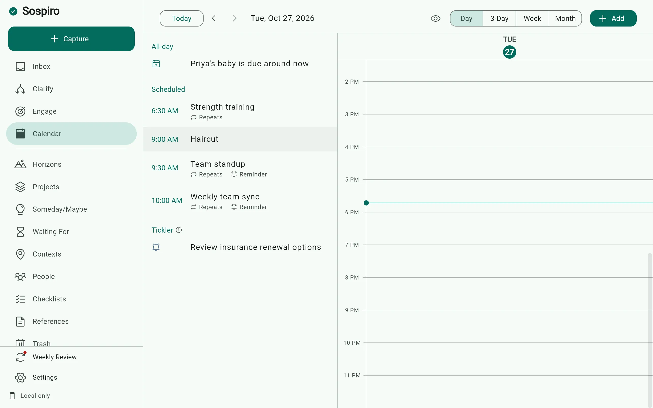 Calendar in Sospiro on desktop