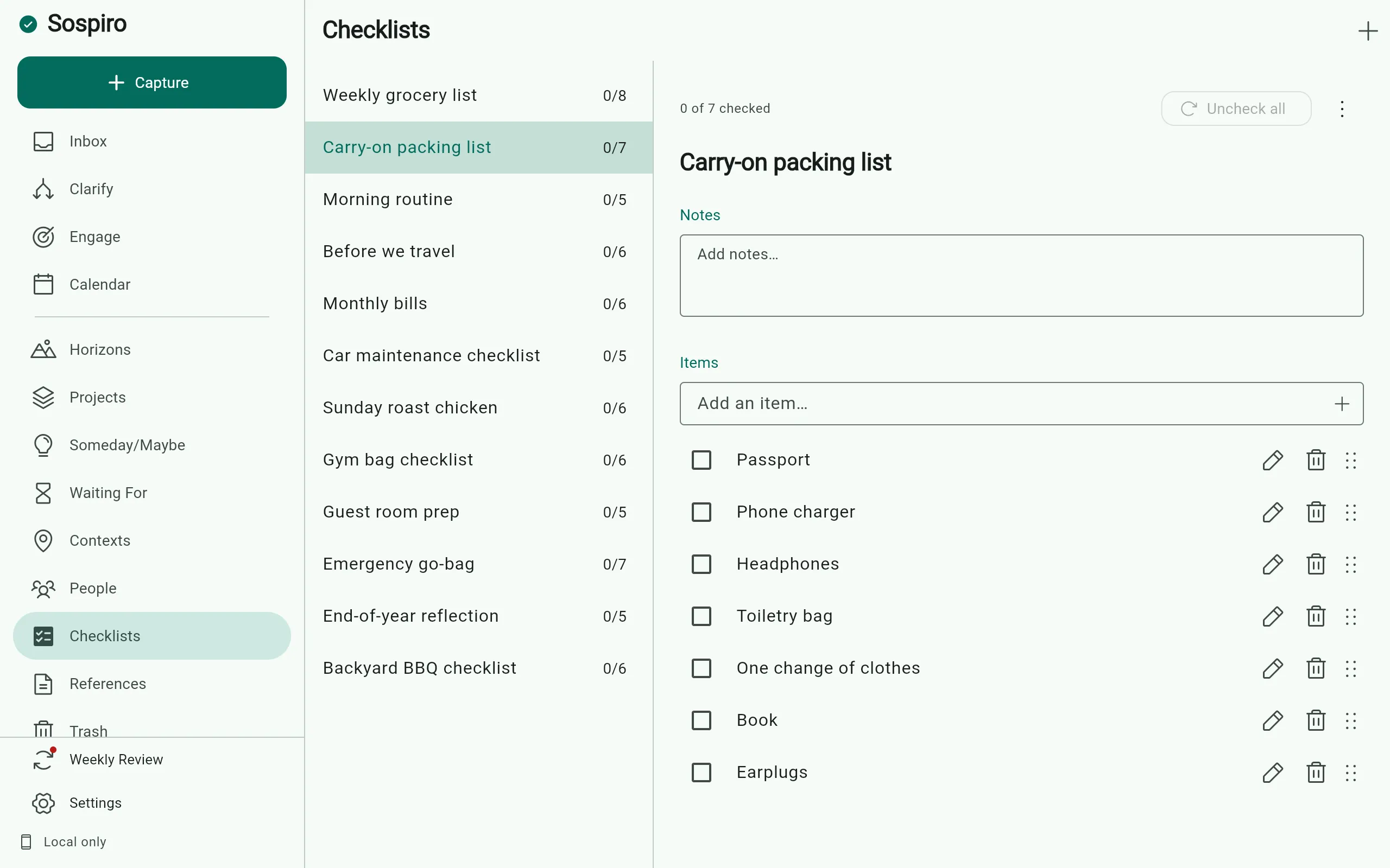 Checklists in Sospiro on desktop