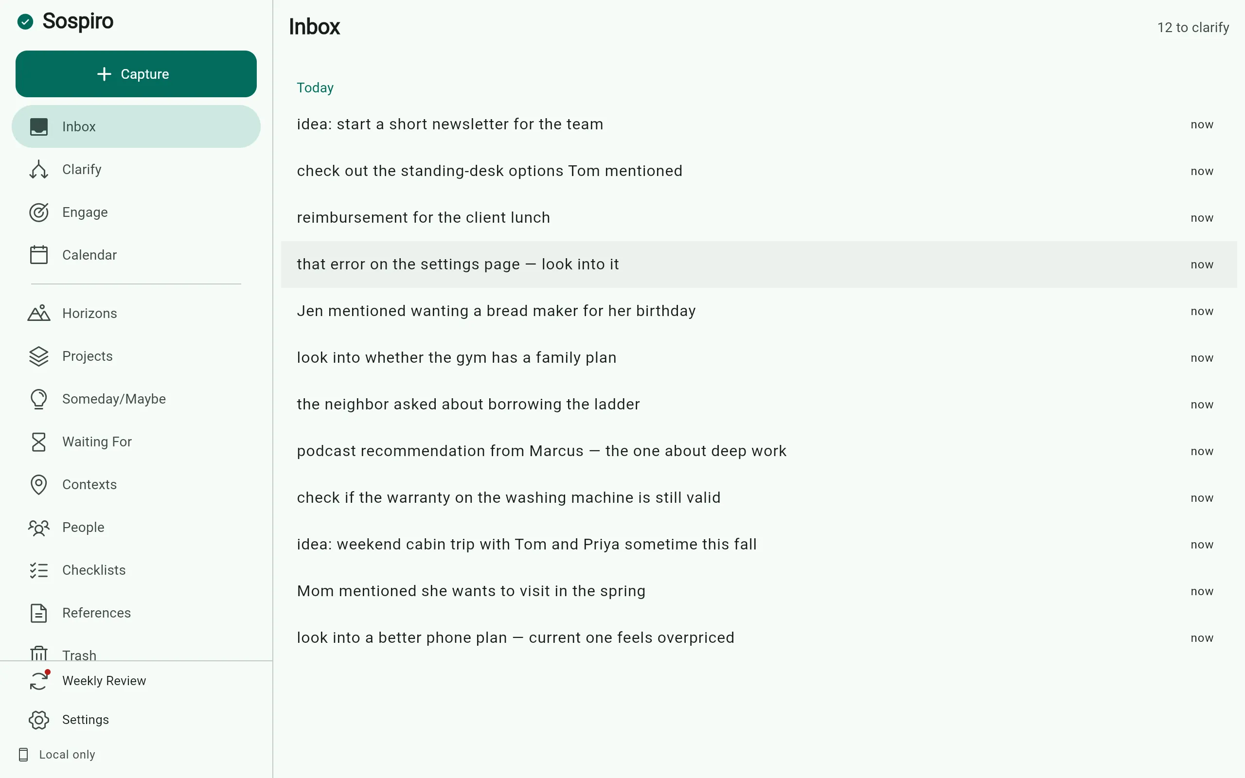 Inbox in Sospiro on desktop
