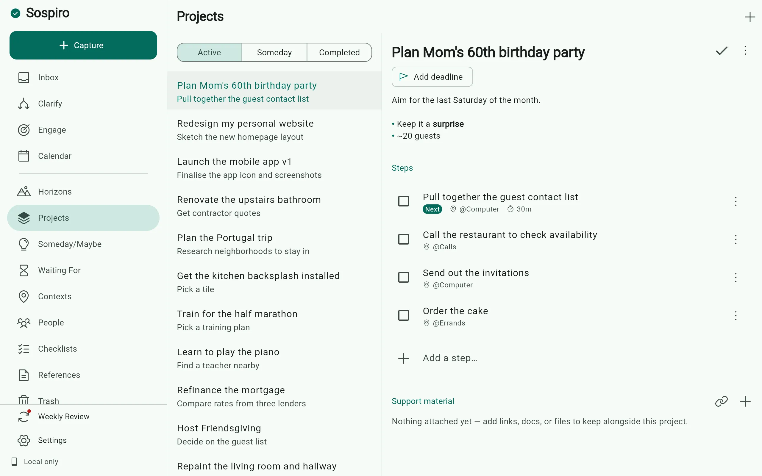 Projects in Sospiro on desktop