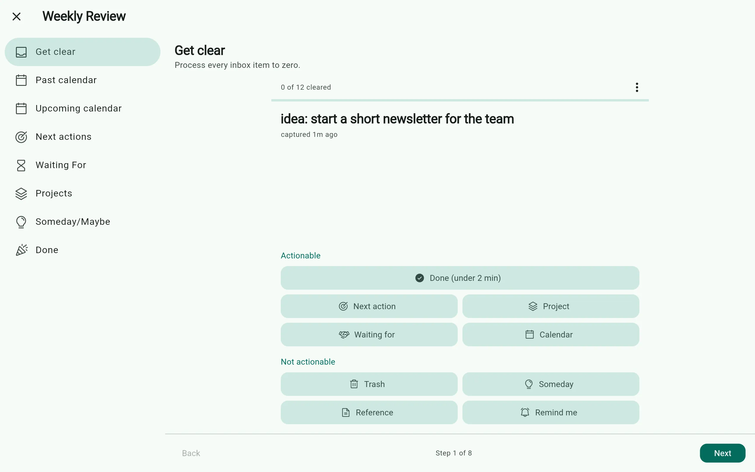 Weekly review in Sospiro on desktop